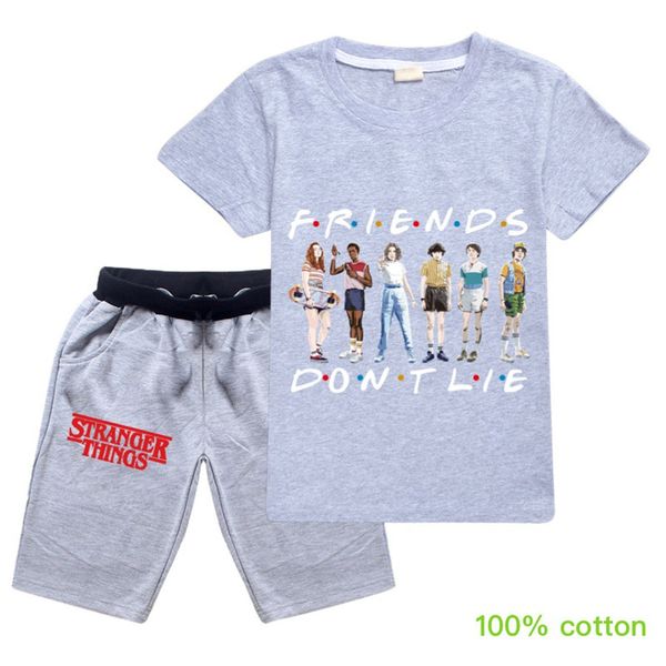 

2pcs / серия незнакомец вещи дети футболки брюки двухсекционный хлопка удобные дышащий с коротким рукавом friends dont ложь детская одежда, Blue