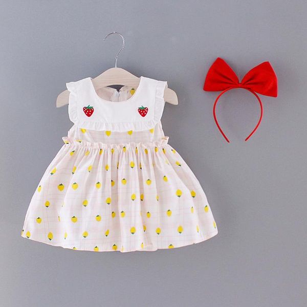 

toddler baby girls sleeveless plaid strawberry print princess dress+headbands, Red;yellow