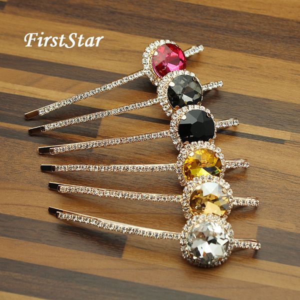 

1 pair firststar luxury fashion head jewelry round rhinestone hair barrette pink crystal hair clip slide for women girls, White;golden