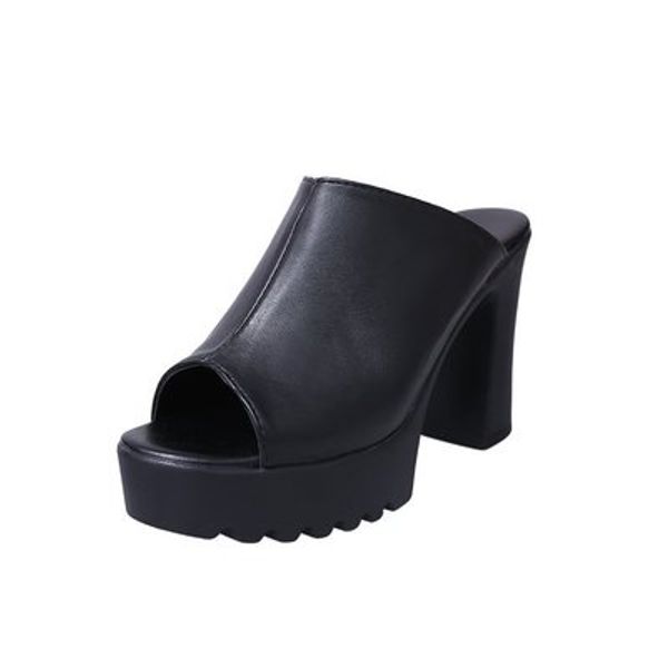 

korean women's shoes wear high-heeled slippers outside women summer thick with wild black