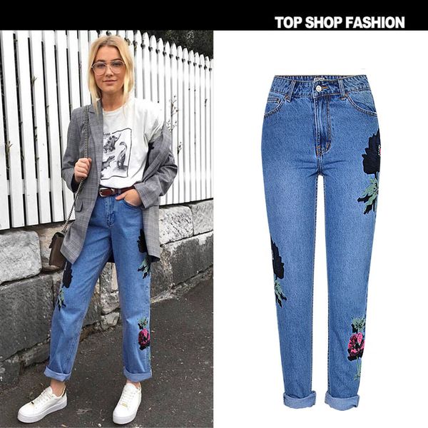 

2018 women straight long jeans high waist casual cotton snow wash type denim jeans vintage loose denim trousers, Blue