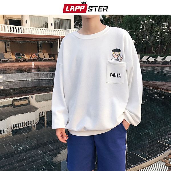 

lappster men streetwear cartoon hoodies 2019 spring mens pocket hip hop sweatshirts male harajuku korean fashion white hoodies, Black