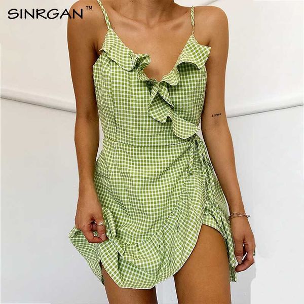 

sinrgan new summer ruffles green wrap spaghetti strap dress women casual daily sundress short length ruffle hem robe, Black;gray