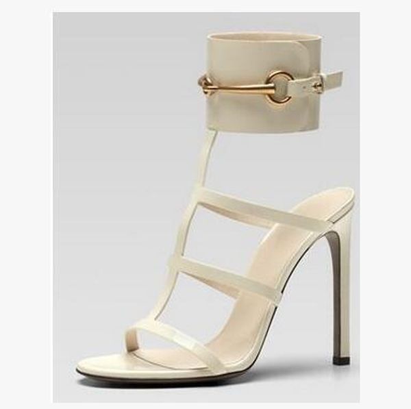 

2020europe brand ursula sandals red patent leather horsebit ankle-strap sandals high heel big buckle summer dress shoes big size heel  cm, Black