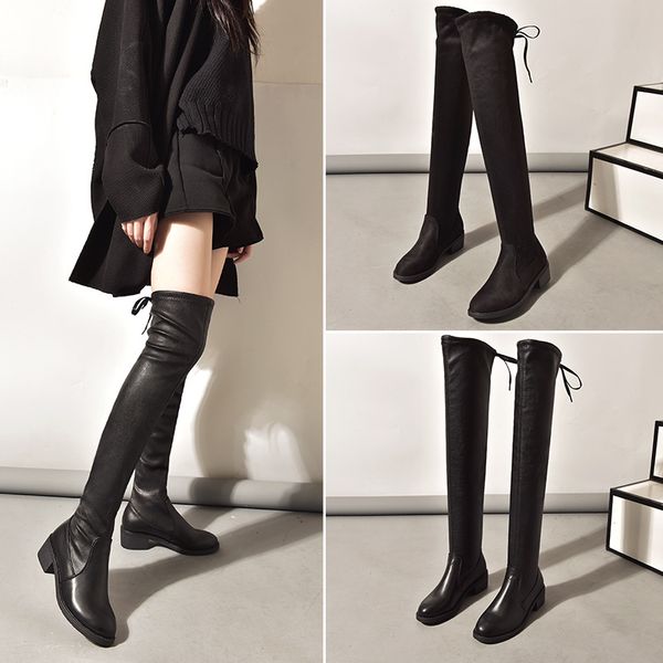

boots women over knee boots low square heels autumn winter short plush warm casual stretchy fashion shoes, Black