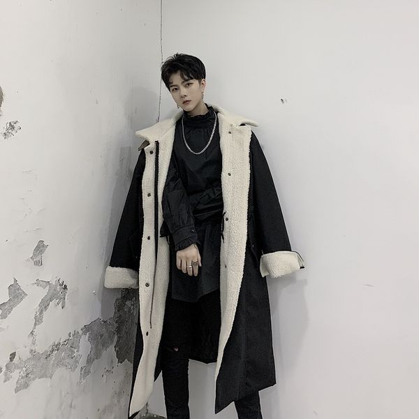 

winter new lamb fur coat men's warm thick fashion parka men solid color casual stand collar coat man loose long cotton jacket, Black