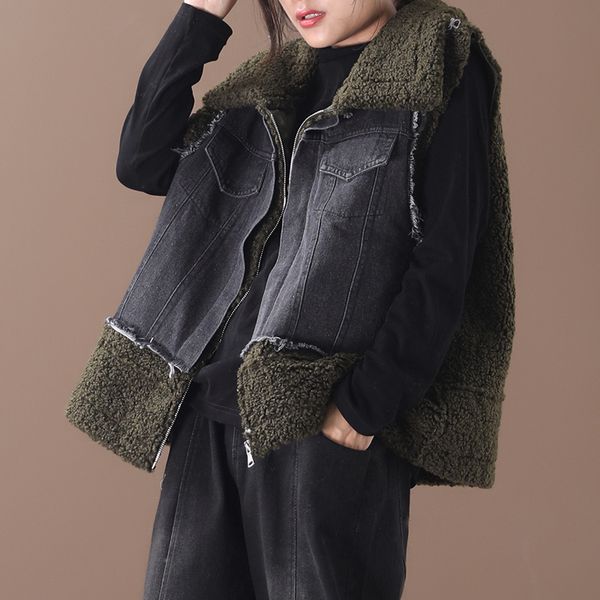 

ewq] 2019 autumn winter new pattern lapel sleeveless denim patchwork lamb hair hit colors zipper vintage vest women ah74216, Black;white
