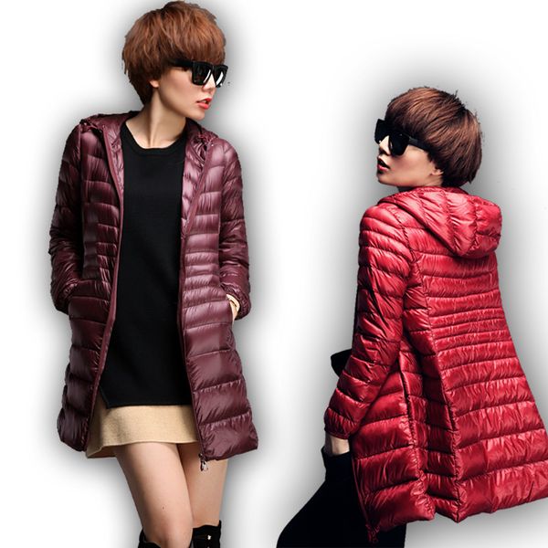 

winter jacket women ultra light down jacket for women hooded coat 90% duck down packable thin feather female long parka, Black