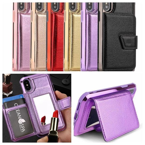 

Leather wallet ca e for iphone x xr x max 7 8 plu with credit card lot mirror holder kick tand ca e for am ung 10 plu 10e