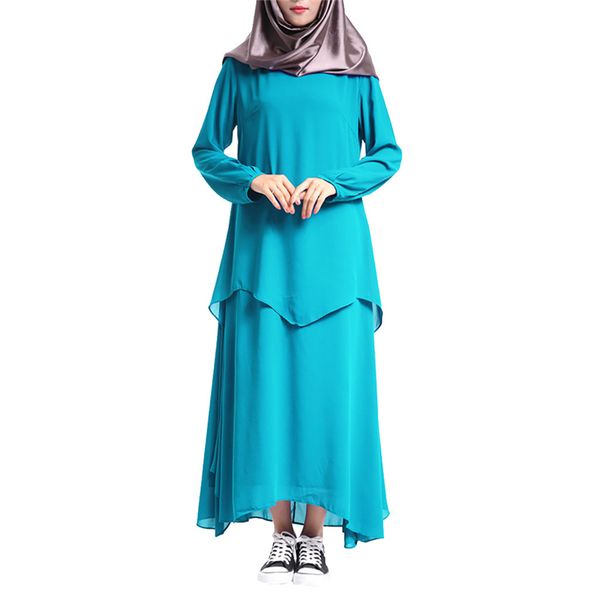 

1pc muslim women's muslim dress long-sleeved fashion o-neck cotton fake two-piece large size solid long dress dropship apr25, Red