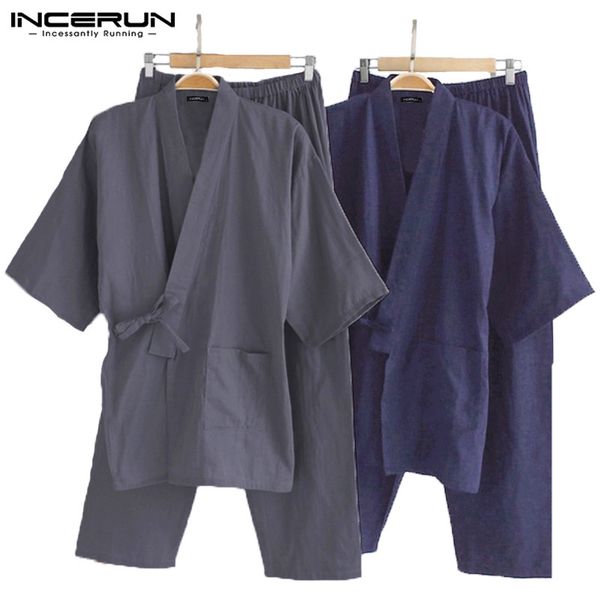 

incerun mens pajamas sets japanese kimono loose male robe short sleeve sleepwear man cotton comfortable pajamas bathrobes l-5xl, Black;brown