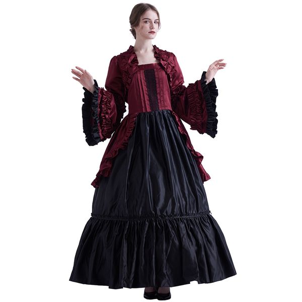 

victorian steampunk ball gown women retro vintage lolita puff sleeve reenactment medieval cosplay party costume dress, Black;red
