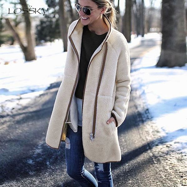 

lossky woolen blend women long sleeve stitching autumn winter long coat turtleneck zipper warm plush outwear streetwear feminino y190926, Black