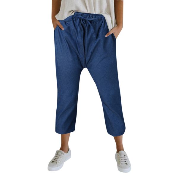 

3w#summer pants women solid loose jeans pants workout waistband beach woman's jeans femme pantalones vaqueros mujer, Blue