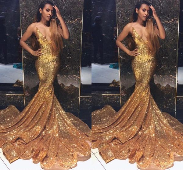 

2019 deep v neck spaghetti evening dresses gold sequined sweep train mermaid prom party dress black girls formal wear bc1492, Black;red