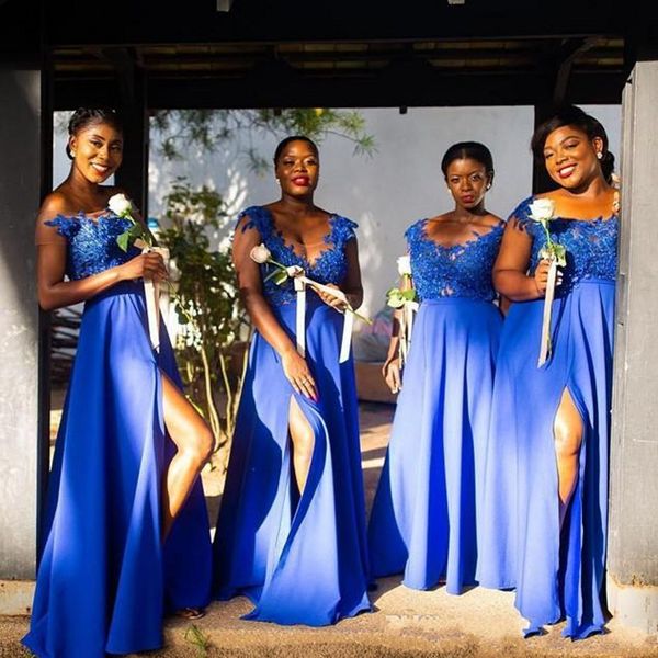 

african girls long royal blue front split a line bridesmaid dresses plus size custom made lace appliqued beaded maid of honor gowns
