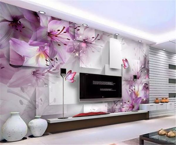 

custom 3d wallpaper purple lily transparent flower square living room bedroom background wall decoration mural wallpaper