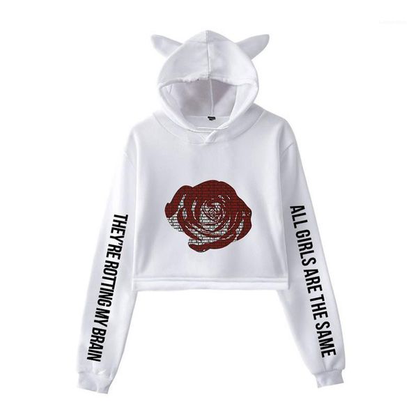 

short hip hop street casual hooded sweater womens spring juice wrld designer print hoodies fashion cat ears bare navel, Black