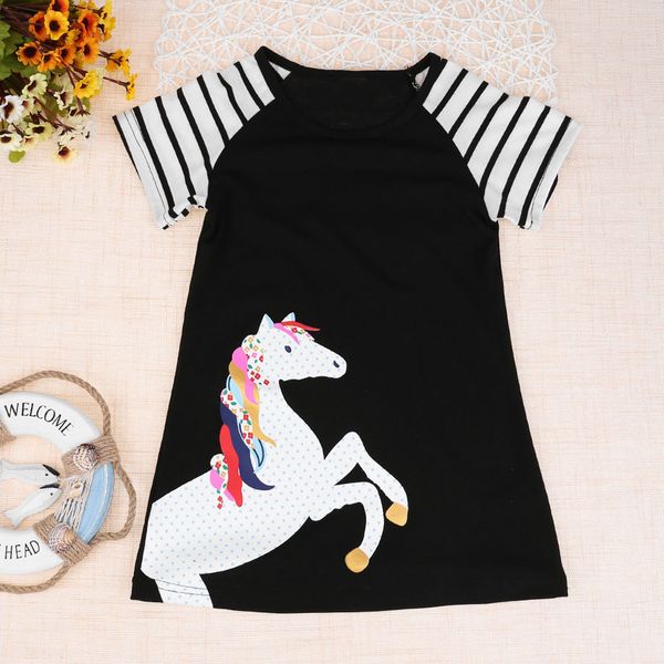 

horse printing party dress patchwork stripe toddler kids baby girls short sleeve outfits clothes animal cute autumn 2018 t, Red;yellow