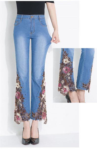 

spring and autumn embroidery flower jeans women's stretch slim high waist flare pants, Blue