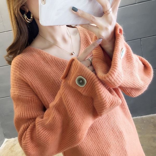 

2876 # according nalini [good quality] autumn clothing korean-style 2019 new style loose-fit long-sleeved pullover knitted sweat, Black