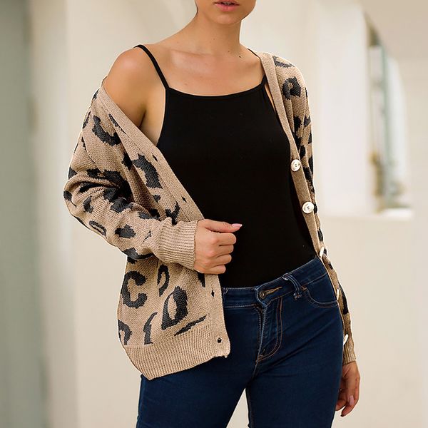 

leopard print women cardigan fashion v-neck single-breasted knit jumper 2019 casual autumn winter warm knitted sweaters female, White