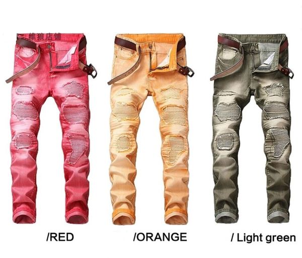 

european and american trend locomotive pleated jeans men's hole patches straight trousers high street personality trainers, Blue