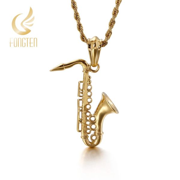 

fongten men's stainless steel microphone trumpet bugle saxophone musical instruments pendant gold punk pendant necklace, Silver