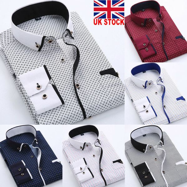

new mens long sleeve shirt button up business work smart formal dress shirt office formal shirts dots print slim shirts, White;black