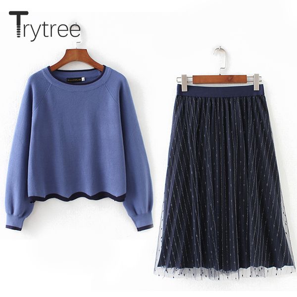 

trytree women autumn two piece set romantic fashion + skirt puff sleeve solid knitting mesh skirt suit set 2 piece, Gray