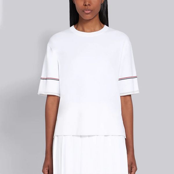 

summer white viscose elite boxy fit crewneck collar tees rwb arm detailing,drop-back women's girl's t-shirts