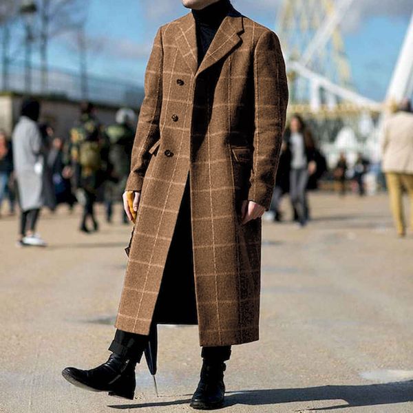 

men's wool & blends plaid men plus size gray office causal single breasted long overcoat european fashion retro winter coat 4xl, Black