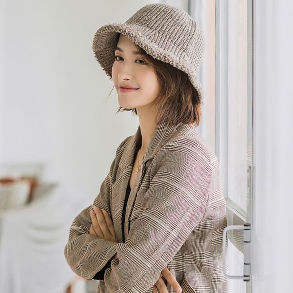 

women ladies autumn winter soft knitting wool bucket hat fashion solid color folding round fishermen cap, Blue;gray