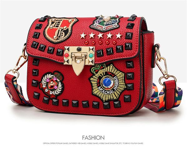 

fashion color rivet design women pu leather bags embroidery metal stars shoulder bags ladies color shoulder strap crossbody bags