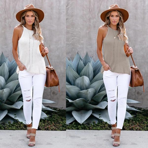 

women's knitted sleeveless vest summer ladies fashion hollow out casual wild strap round neck solid color tank top, White