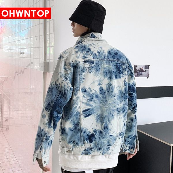 

fashion tie dyeing denim jackets coats men streetwear casual splash ink spot jean jacket loose oversize single breasted coats, Black;brown
