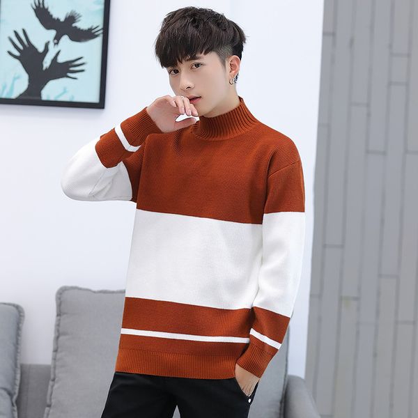 

2019 half turtleneck pullover men sweater clothes for 2019 autumn winter mens sweater men casual striped knit shirts, White;black