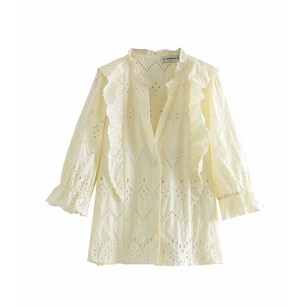 

new women fashion hollow out embroidery casual blouse sweet v neck pleat ruffles shirt chic blusas female chemise ls3722, White