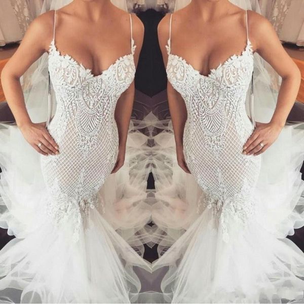 

2019 new luxury mermaid wedding dresses spaghetti lace appliques sleeveless sweep train open back arabic custom formal bridal gowns, White