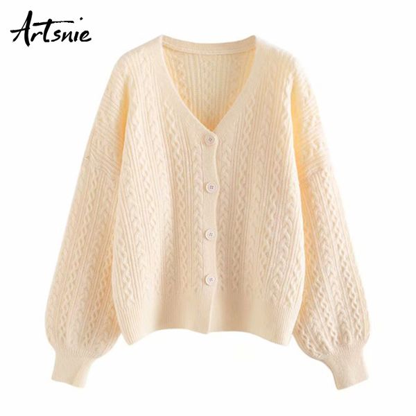 

artsnie осени 2019 случайных белых кардиганы свитера женщины v шея фонарь рукав однобортный перемычки зима вязаных свитеров, White
