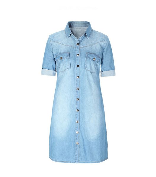 

2019 new single button women's blouse solid color dark blue loose denim in long section the summer five-point sleeves light blue, White