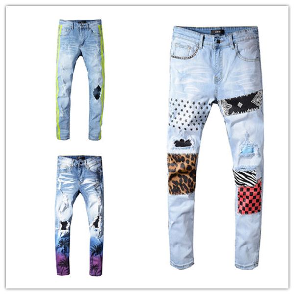 

19ss designer mens jeans distressed ripped biker jeans slim fit motorcycle biker luxury denim jeans new brand fashion designer pants, Blue