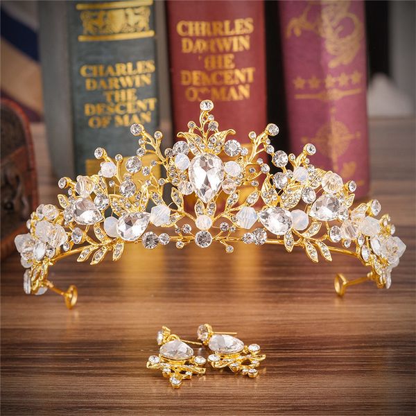 

bridal wedding hair jewelry princess headband gold crystal handmade tiaras and crowns prom crown earrings sets ornaments, Golden;white