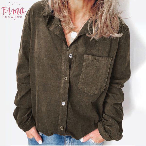 

corduroy blouse womens lapel neck shirt long sleeve turn down collar loose shirts for woman button shirt female fashion women blouse, White