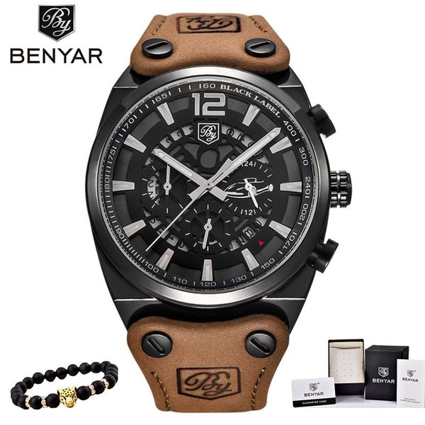 

benyar mens watches military army chronograph watch brand luxury sports casual waterproof male watch quartz man wristwatch xfcs ly191226, Slivery;brown