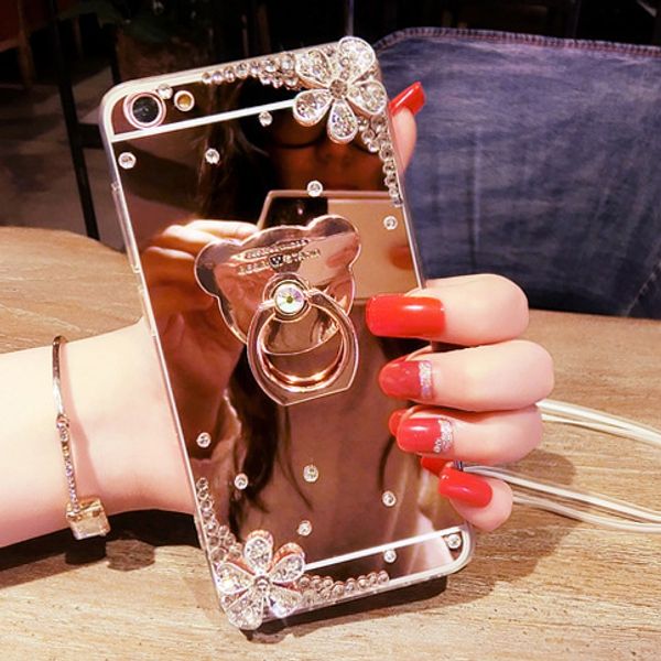 

роскошный алмаз случая кольцо держатель зеркала для iphone 11 про макс хз макс хт х 6 7 8 6s плюс телефон случае цветы с цепью мягкий силико