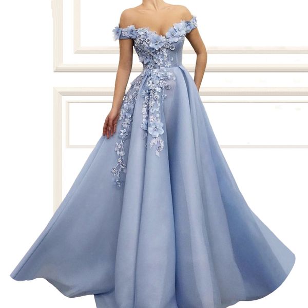 Vestidos de baile azul elegante Lace 3D Floral Aplique Pérolas de noite Vestido de noite uma linha fora do ombro, vestidos de ocasião especial feita