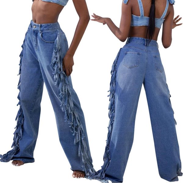 

woman high waist jeans streetwear women loose denim pants tassel push up cargo trousers, Blue