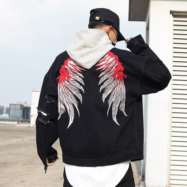 

feather embroidery denim jackets men 2018 autumn fashion casual cotton jean jacket coats male hip hop streetwear, Black;brown
