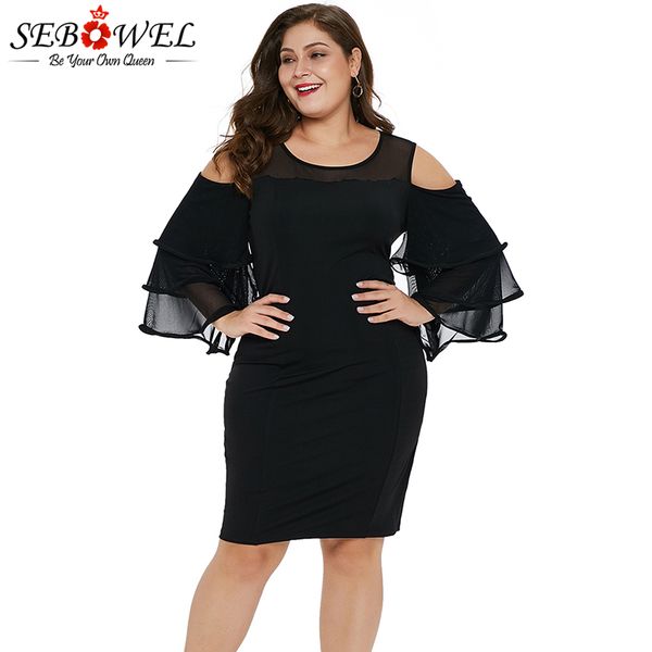 

sebowel black off shoulder plus size dress women long sleeve mesh bodycon party dress 2019 female ruffle big size 5xl, Black;gray